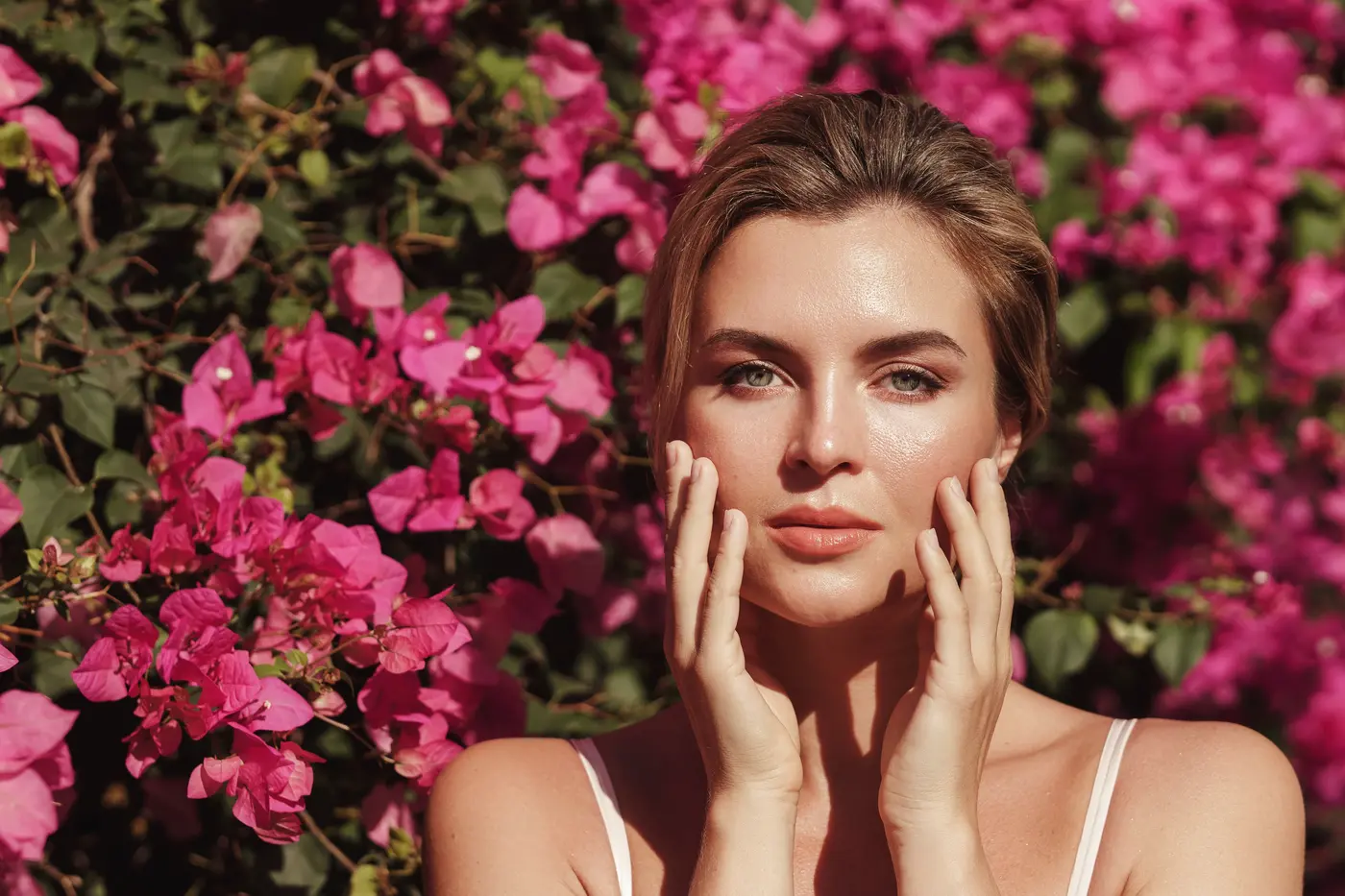 Beautiful blonde woman with smooth skin and natural makeup